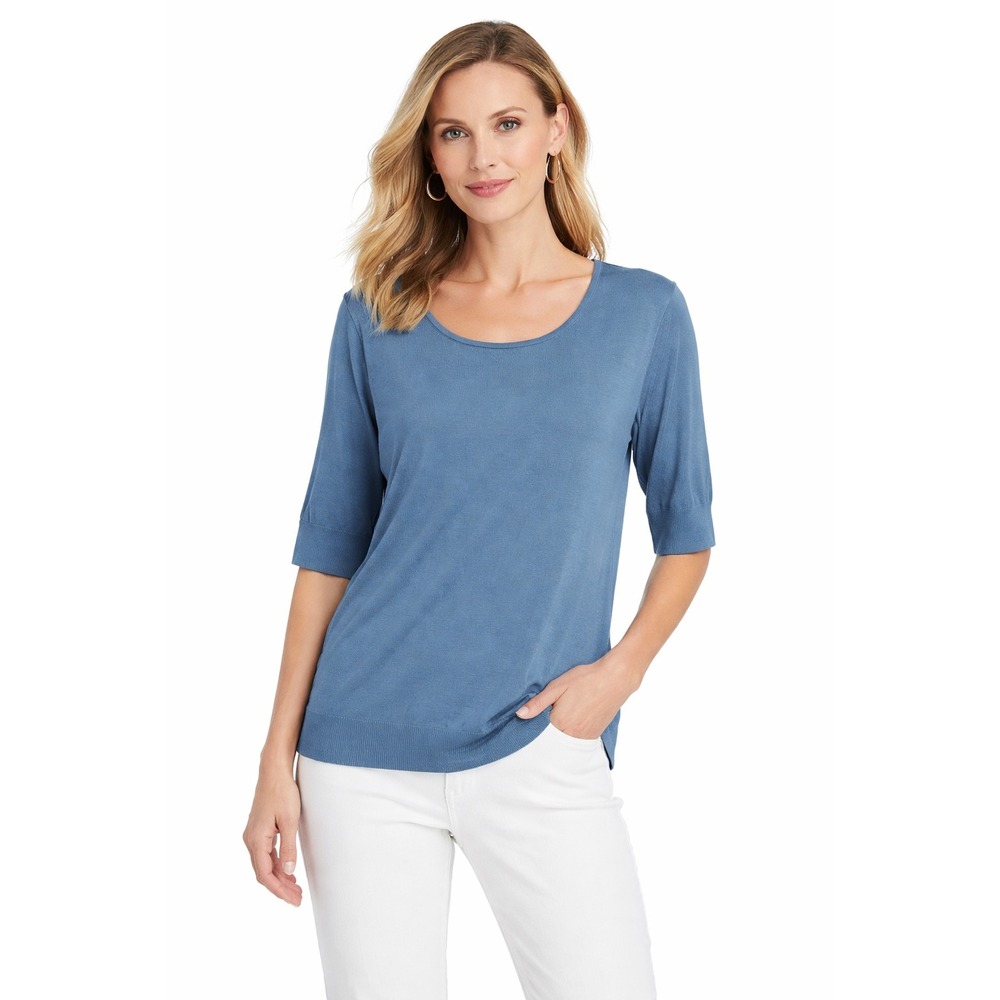 Lafayette 148 New York Blue Viscose Blend Elbow Sleeve Knit Top Sweater Large